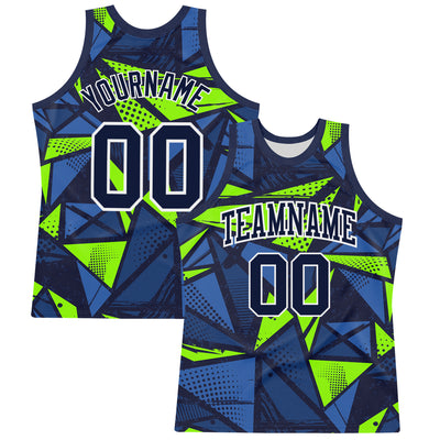 Custom Navy Neon Green-White Geometric Shape Round Neck Sublimation Basketball Suit Jersey