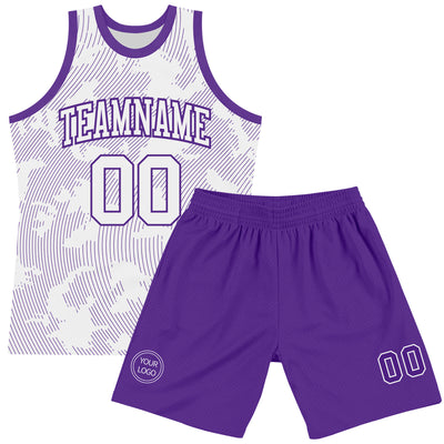 Custom White Purple Curve Lines Round Neck Sublimation Basketball Suit Jersey