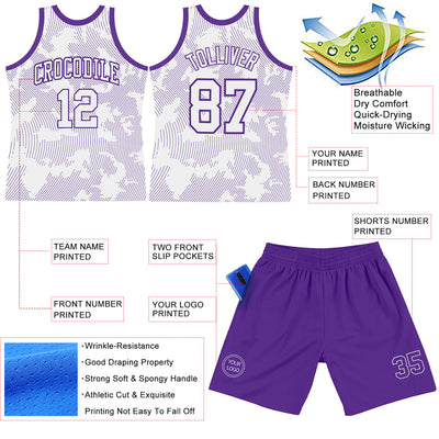 Custom White Purple Curve Lines Round Neck Sublimation Basketball Suit Jersey