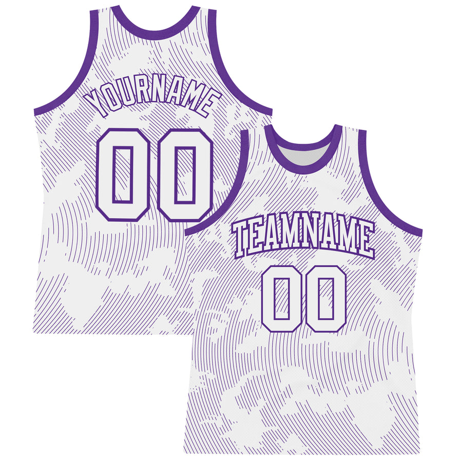 Custom White Purple Curve Lines Round Neck Sublimation Basketball Suit Jersey