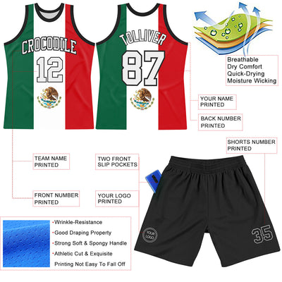 Custom Kelly Green White Red-Black Mexican Flag Round Neck Sublimation Basketball Suit Jersey