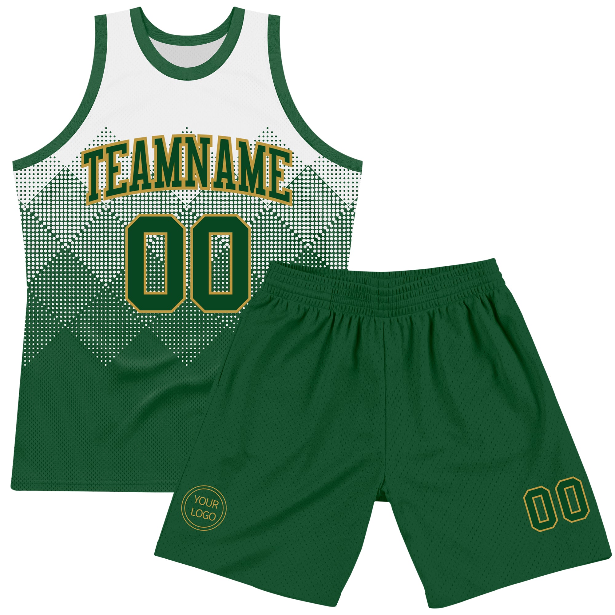 Custom White Green-Old Gold Gradient Square Shapes Round Neck Sublimation Basketball Suit Jersey