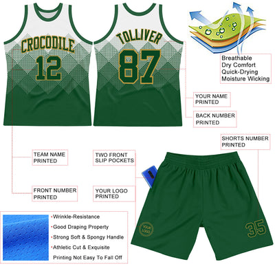 Custom White Green-Old Gold Gradient Square Shapes Round Neck Sublimation Basketball Suit Jersey