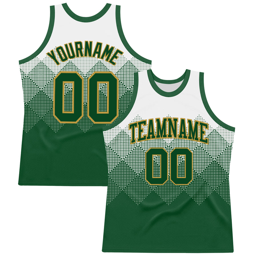 Custom White Green-Old Gold Gradient Square Shapes Round Neck Sublimation Basketball Suit Jersey