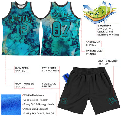 Custom Tie Dye Teal-Black Round Neck Sublimation Basketball Suit Jersey