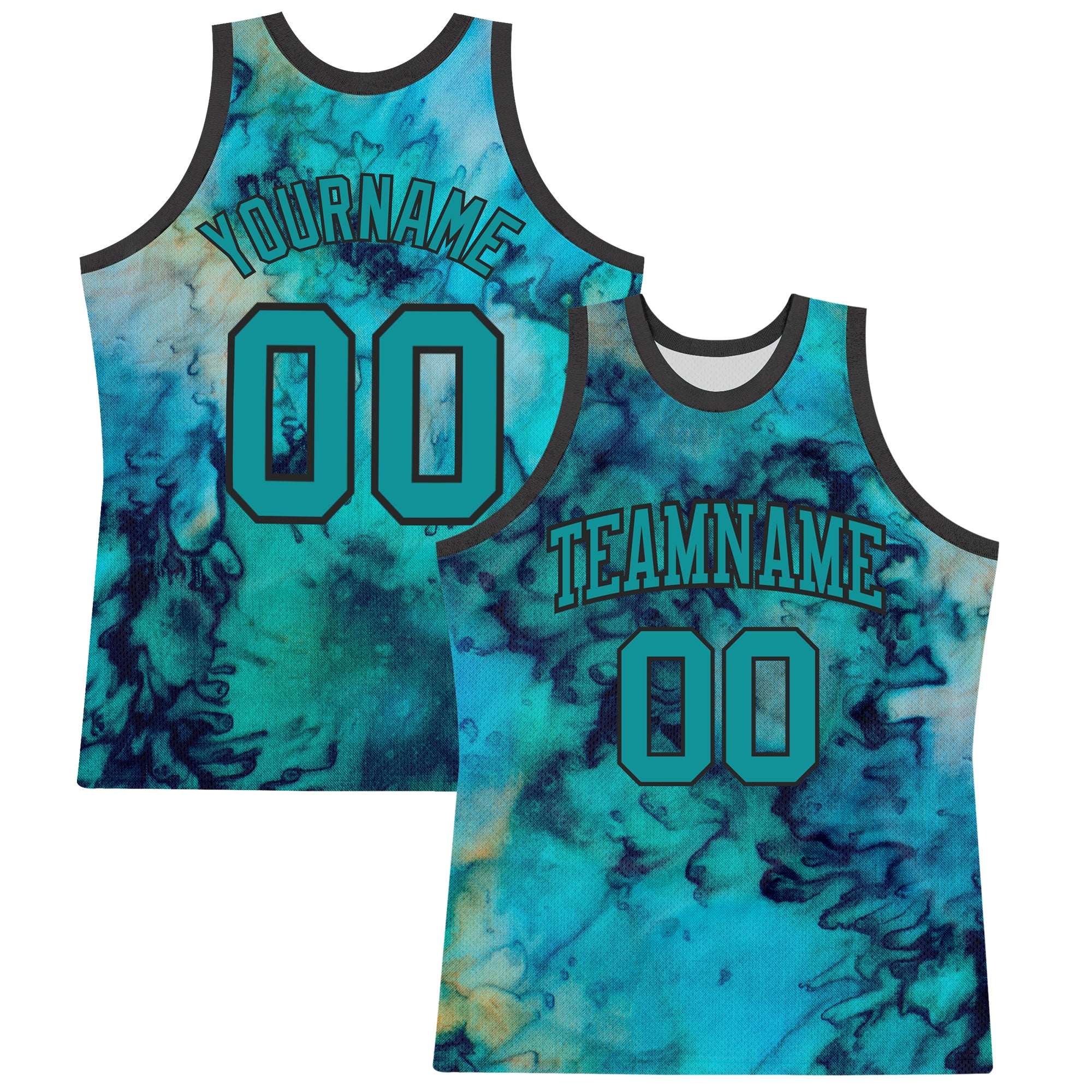 Custom Tie Dye Teal-Black Round Neck Sublimation Basketball Suit Jersey
