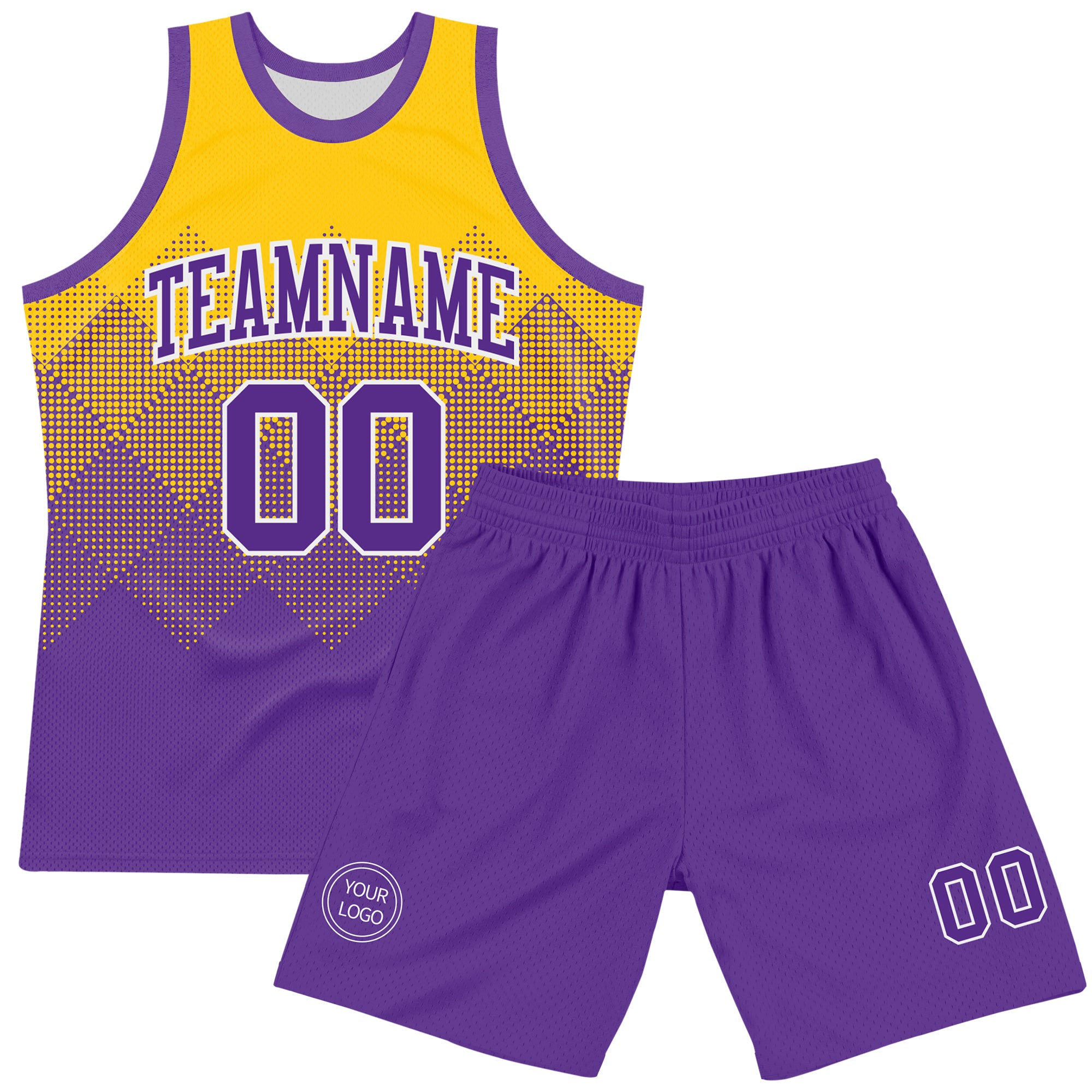 Custom Yellow Purple-White Gradient Square Shapes Round Neck Sublimation Basketball Suit Jersey