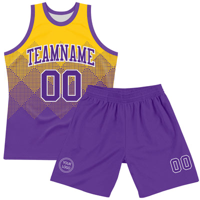 Custom Yellow Purple-White Gradient Square Shapes Round Neck Sublimation Basketball Suit Jersey