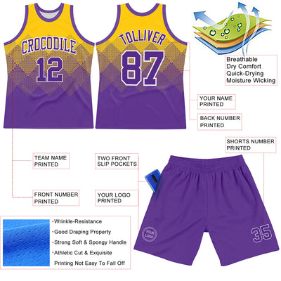 Custom Yellow Purple-White Gradient Square Shapes Round Neck Sublimation Basketball Suit Jersey