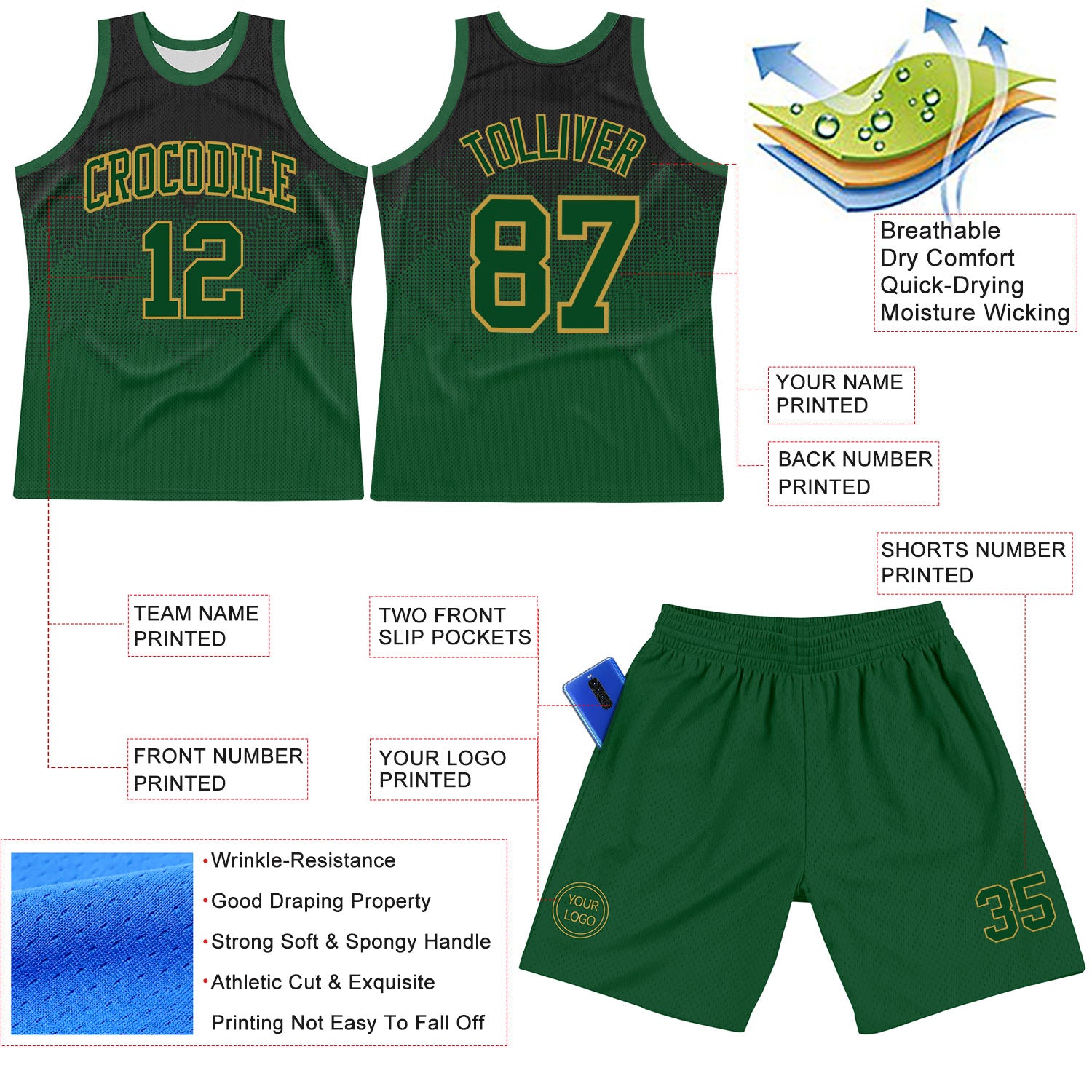 Custom Black Green-Old Gold Fade Fashion Round Neck Sublimation Basketball Suit Jersey