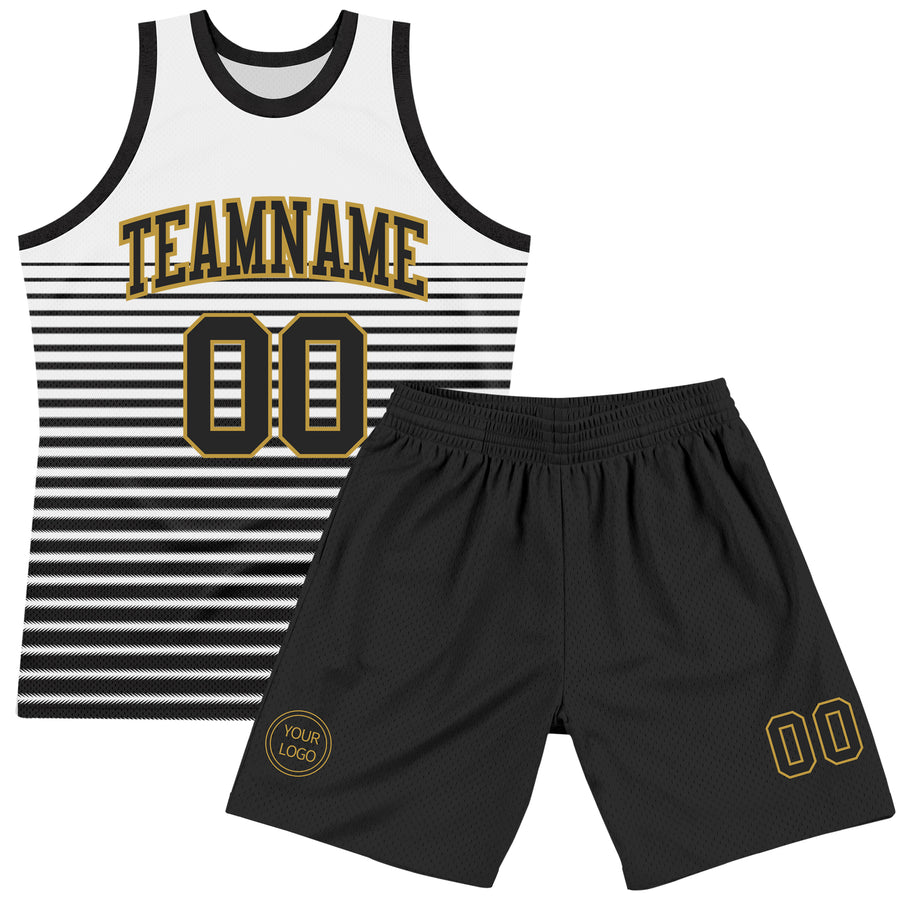 Custom White Black-Old Gold Pinstripe Fade Fashion Round Neck Sublimation Basketball Suit Jersey