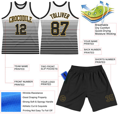 Custom White Black-Old Gold Pinstripe Fade Fashion Round Neck Sublimation Basketball Suit Jersey
