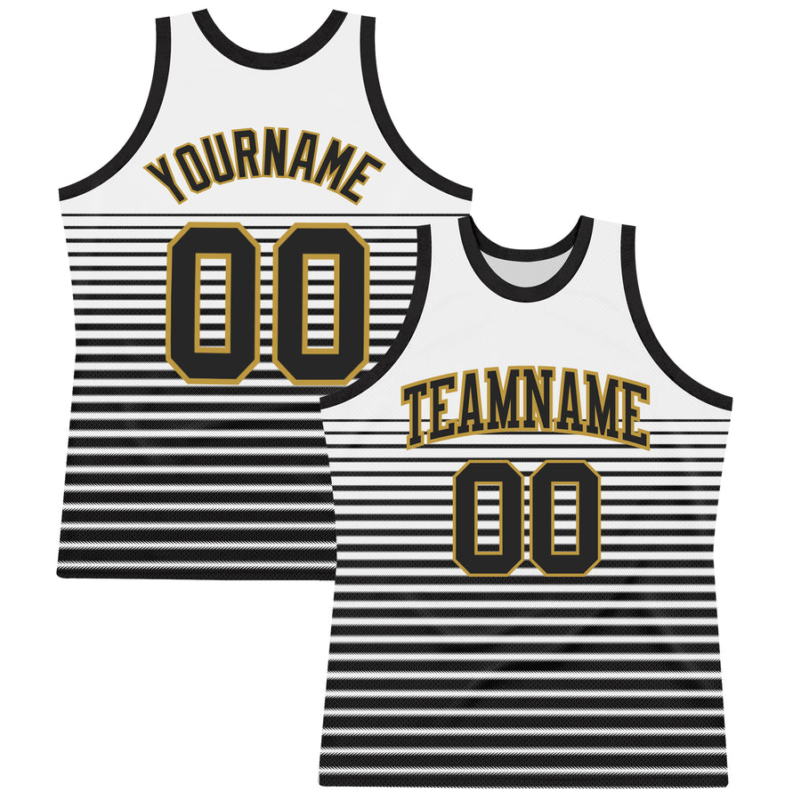 Custom White Black-Old Gold Pinstripe Fade Fashion Round Neck Sublimation Basketball Suit Jersey