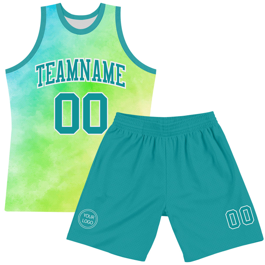 Custom Tie Dye Teal-White Round Neck Sublimation Basketball Suit Jersey