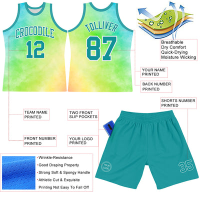 Custom Tie Dye Teal-White Round Neck Sublimation Basketball Suit Jersey