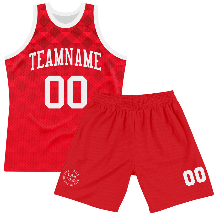 Custom Red White Geometric Shape Round Neck Sublimation Basketball Suit Jersey