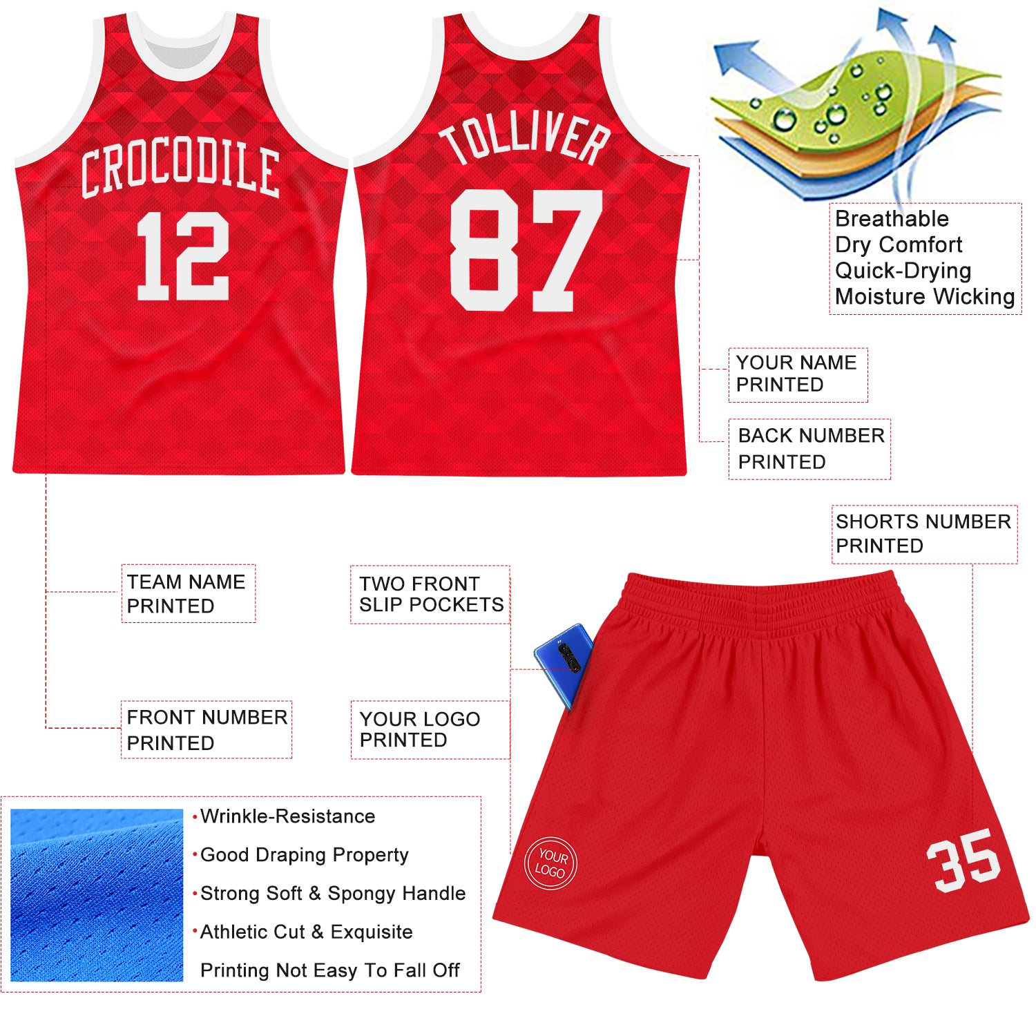 Custom Red White Geometric Shape Round Neck Sublimation Basketball Suit Jersey