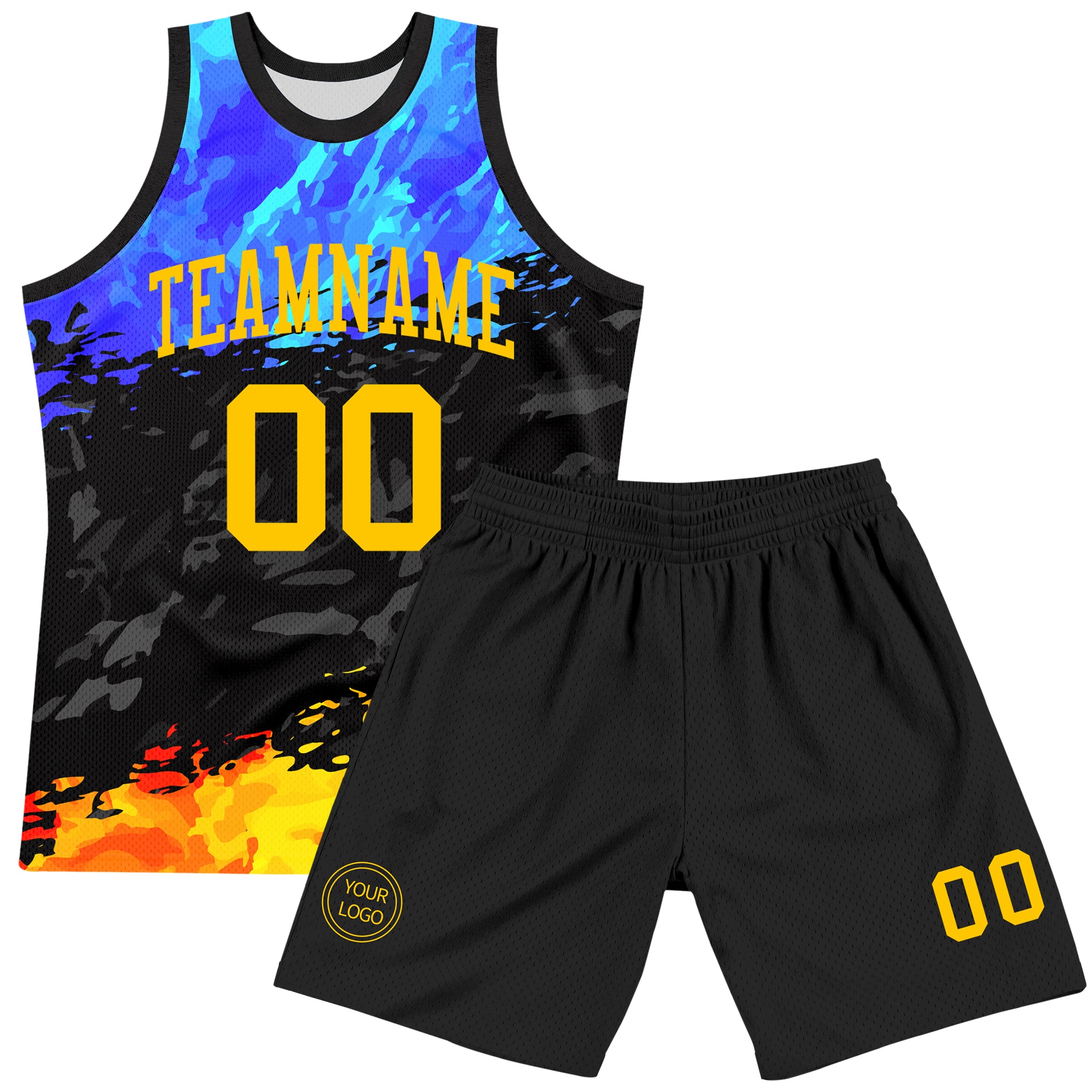 Custom Figure Yellow Royal-Black Splash Round Neck Sublimation Basketball Suit Jersey