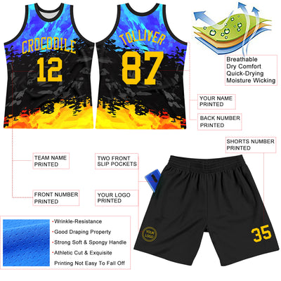Custom Figure Yellow Royal-Black Splash Round Neck Sublimation Basketball Suit Jersey