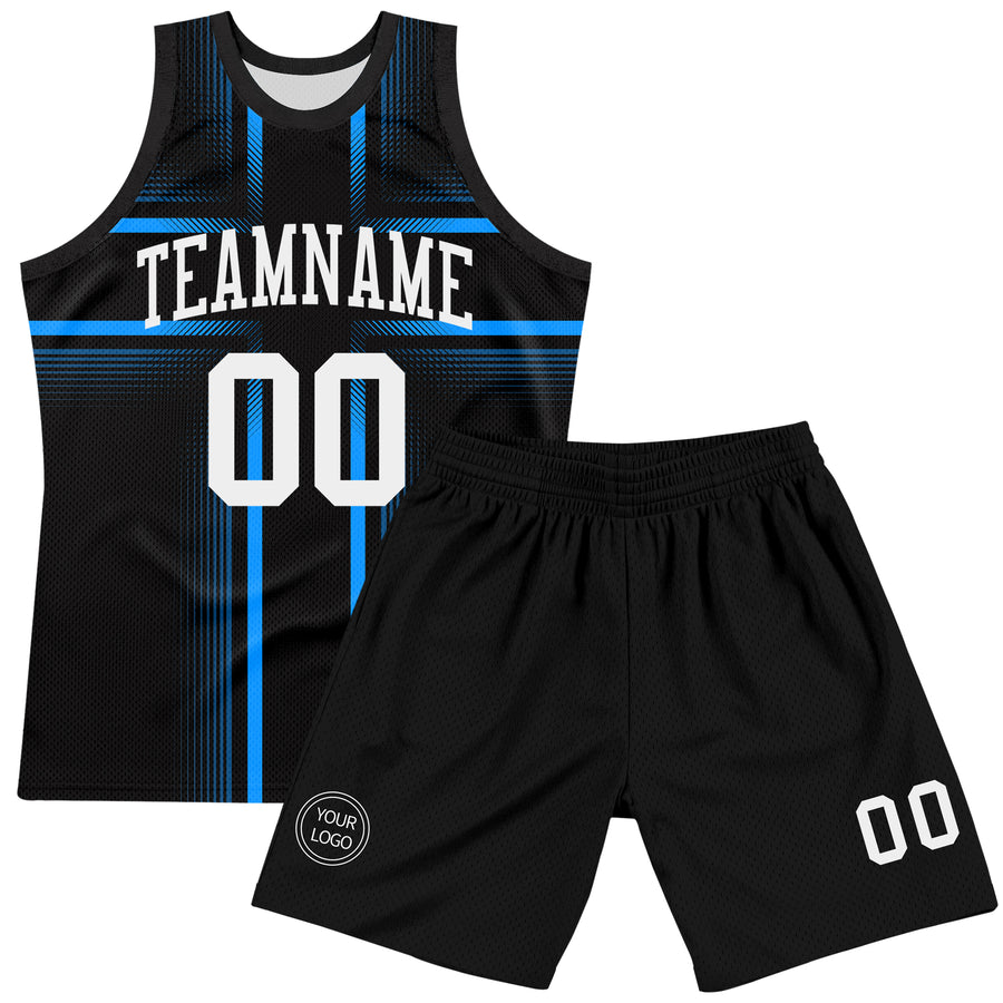 Custom Black White-Light Blue Line Round Neck Sublimation Basketball Suit Jersey