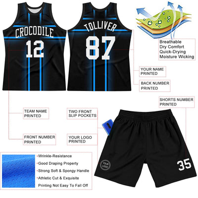 Custom Black White-Light Blue Line Round Neck Sublimation Basketball Suit Jersey