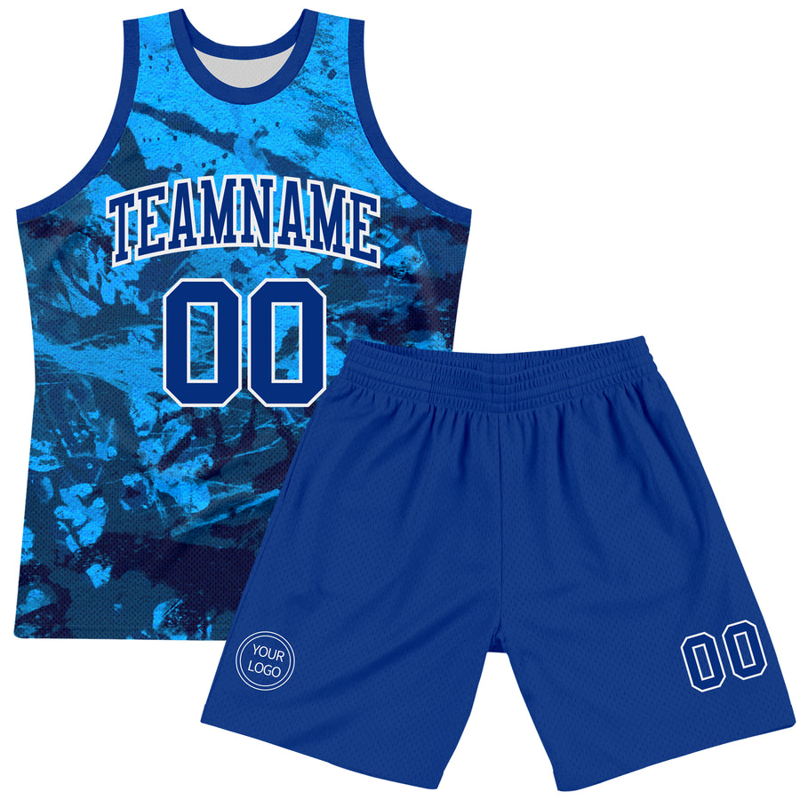 Custom Tie Dye Royal-White Round Neck Sublimation Basketball Suit Jersey