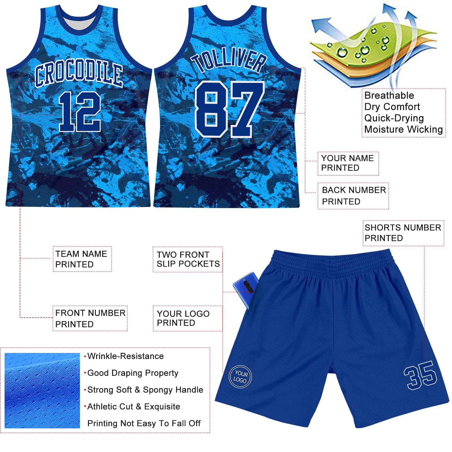 Custom Tie Dye Royal-White Round Neck Sublimation Basketball Suit Jersey