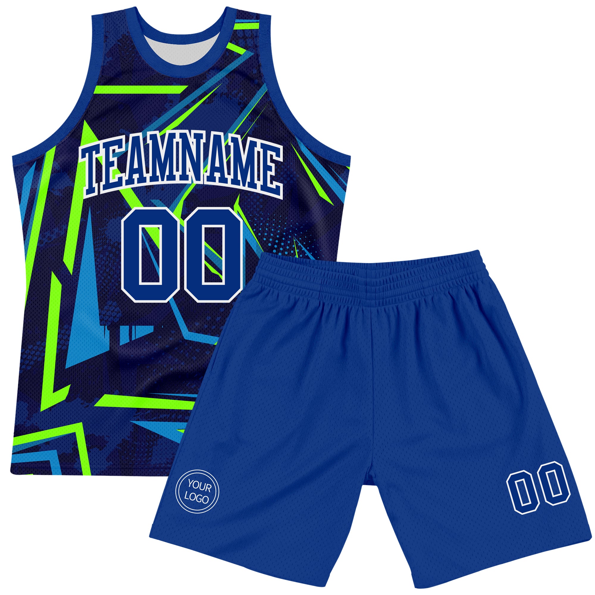 Custom Royal Neon Green-White Geometric Shape Round Neck Sublimation Basketball Suit Jersey