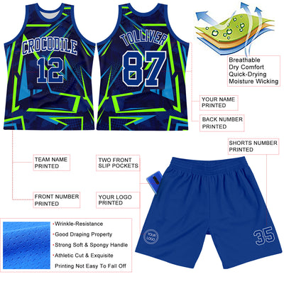 Custom Royal Neon Green-White Geometric Shape Round Neck Sublimation Basketball Suit Jersey
