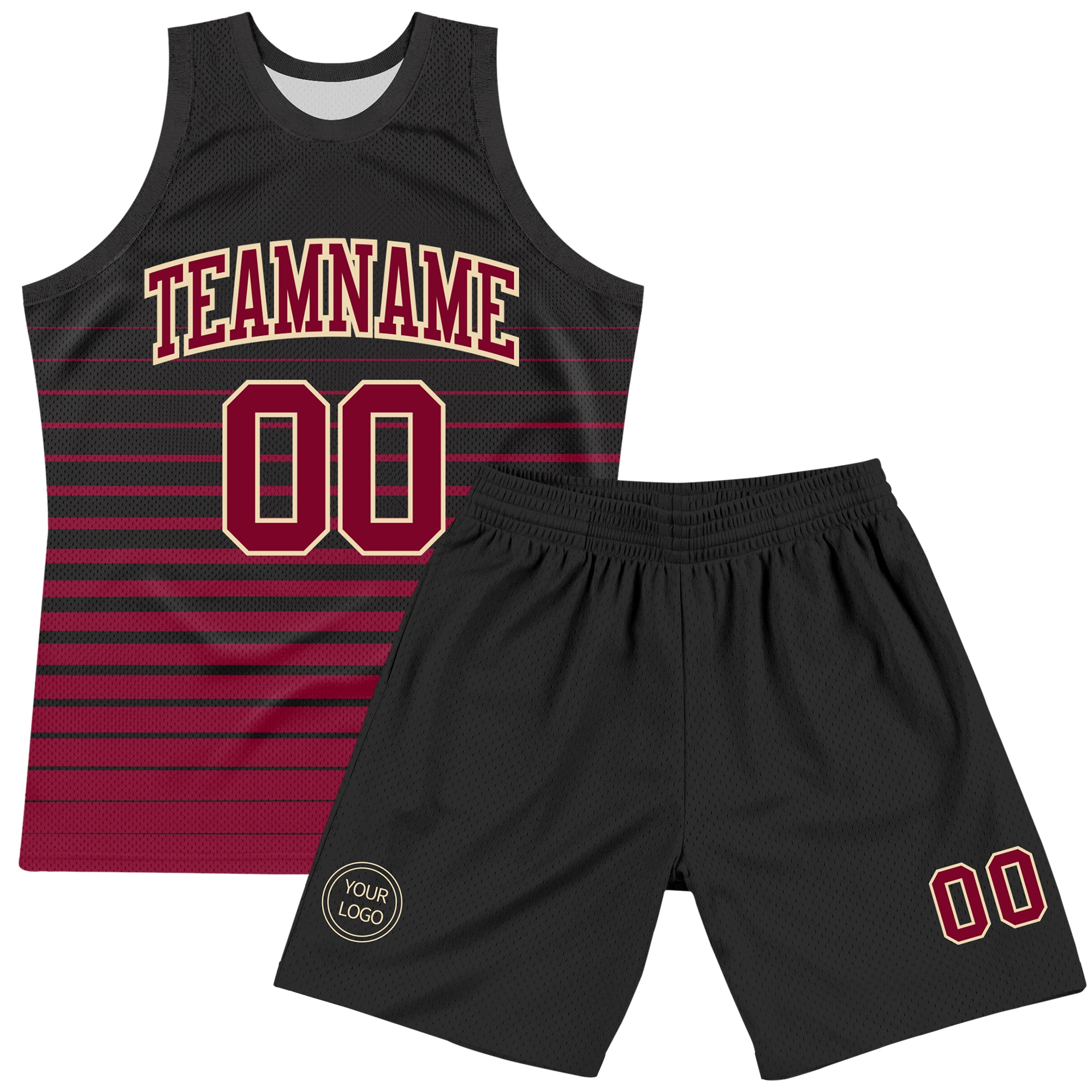 Custom Black Maroon-Cream Pinstripe Fade Fashion Round Neck Sublimation Basketball Suit Jersey