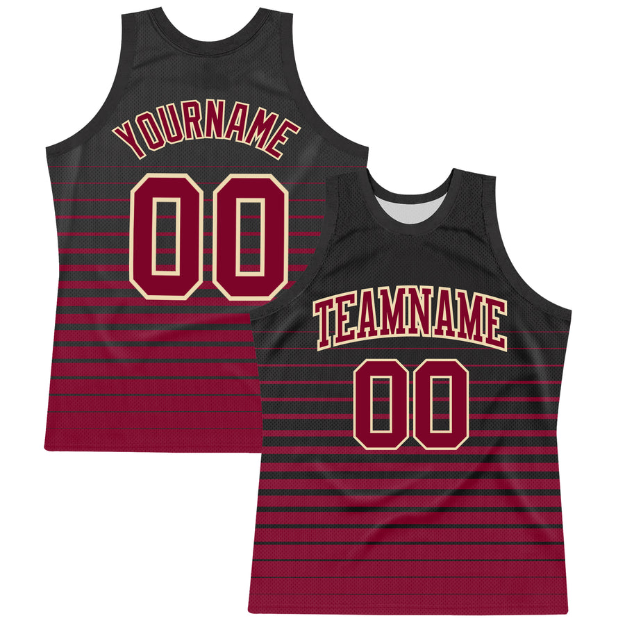 Custom Black Maroon-Cream Pinstripe Fade Fashion Round Neck Sublimation Basketball Suit Jersey