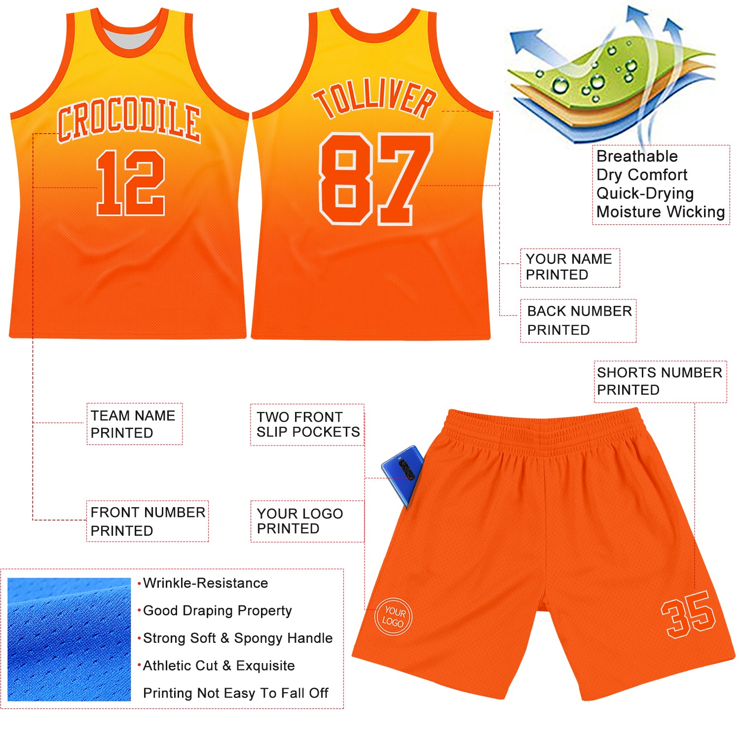 Custom Yellow Orange-White Fade Fashion Round Neck Sublimation Basketball Suit Jersey