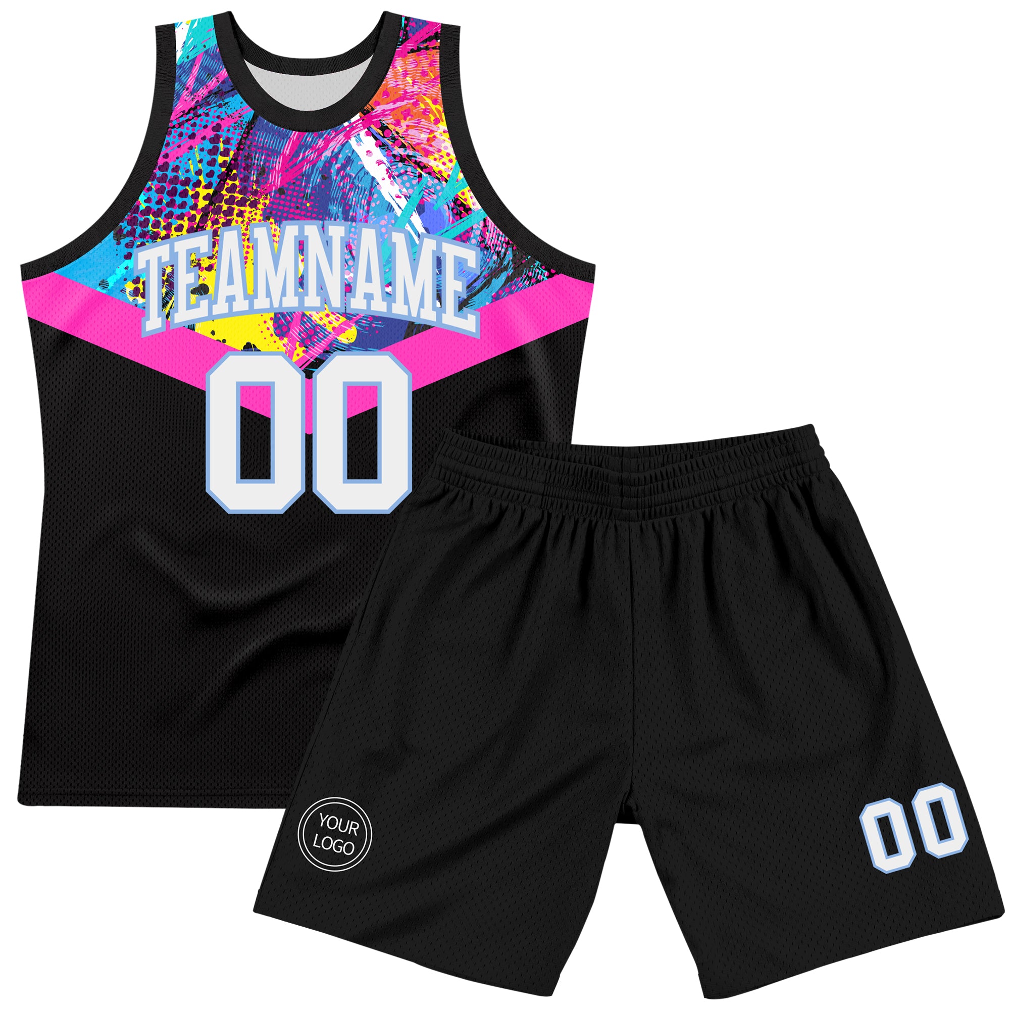Custom Black White Pink-Light Blue Splash Round Neck Sublimation Basketball Suit Jersey