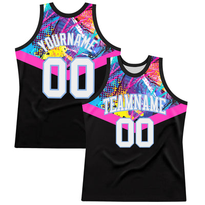 Custom Black White Pink-Light Blue Splash Round Neck Sublimation Basketball Suit Jersey