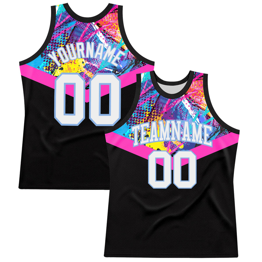 Custom Black White Pink-Light Blue Splash Round Neck Sublimation Basketball Suit Jersey