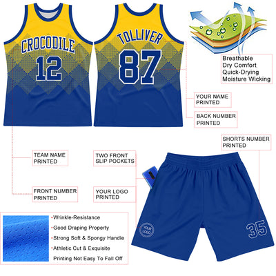 Custom Yellow Royal-White Gradient Square Shapes Round Neck Sublimation Basketball Suit Jersey