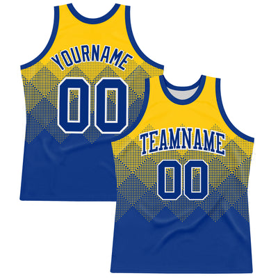 Custom Yellow Royal-White Gradient Square Shapes Round Neck Sublimation Basketball Suit Jersey