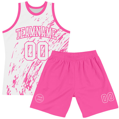 Custom White Pink Splash Round Neck Sublimation Basketball Suit Jersey