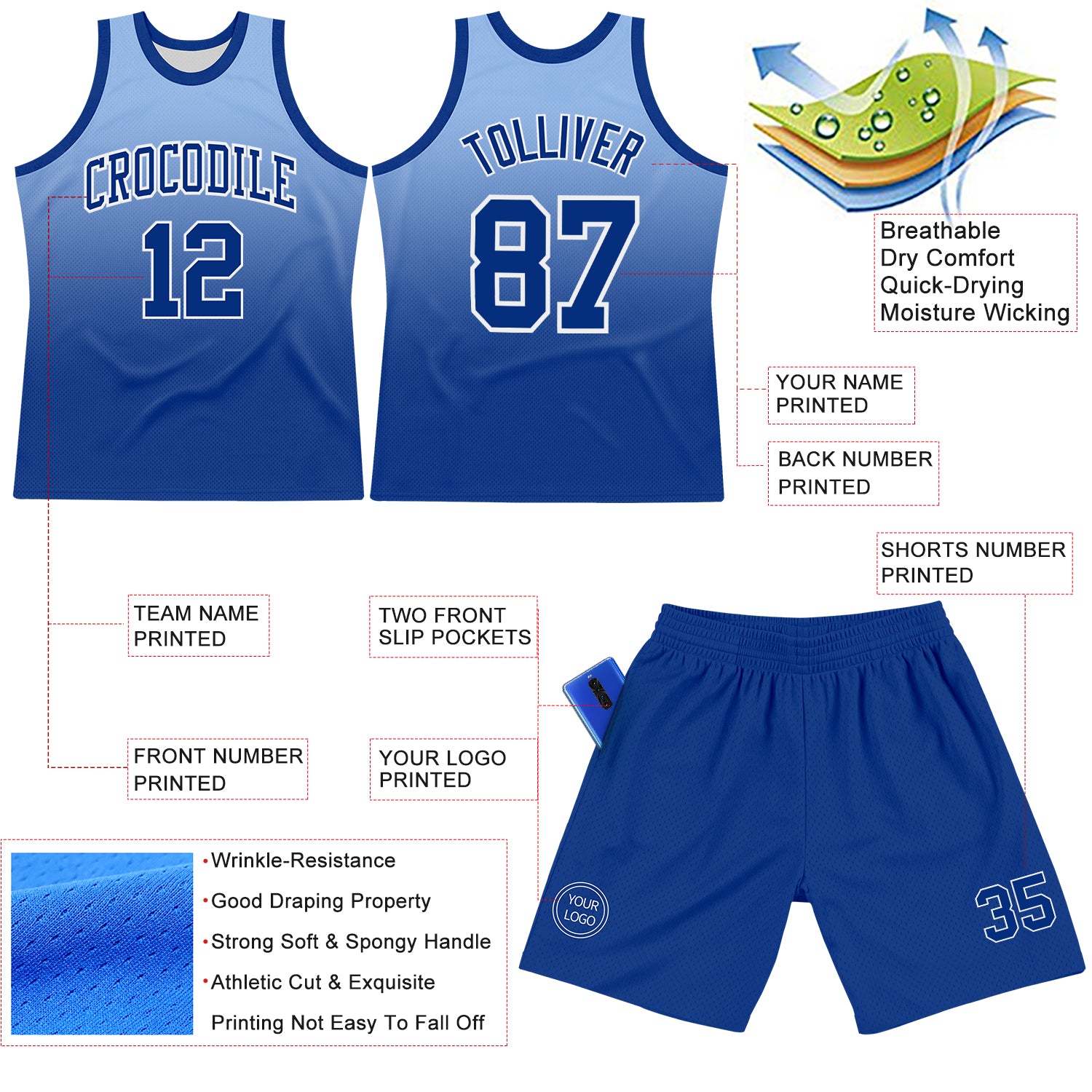 Custom Light Blue Royal-White Fade Fashion Round Neck Sublimation Basketball Suit Jersey