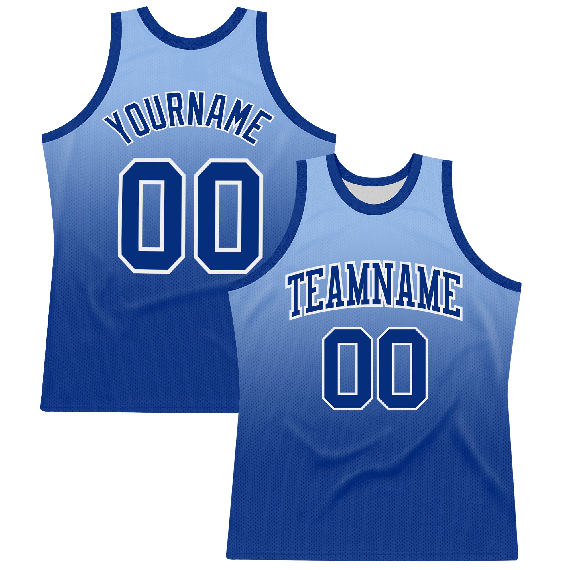 Custom Light Blue Royal-White Fade Fashion Round Neck Sublimation Basketball Suit Jersey