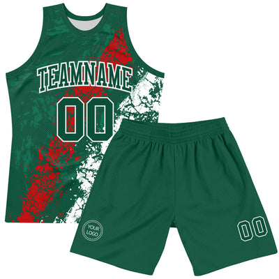 Custom Green Red-White Splash Round Neck Sublimation Basketball Suit Jersey