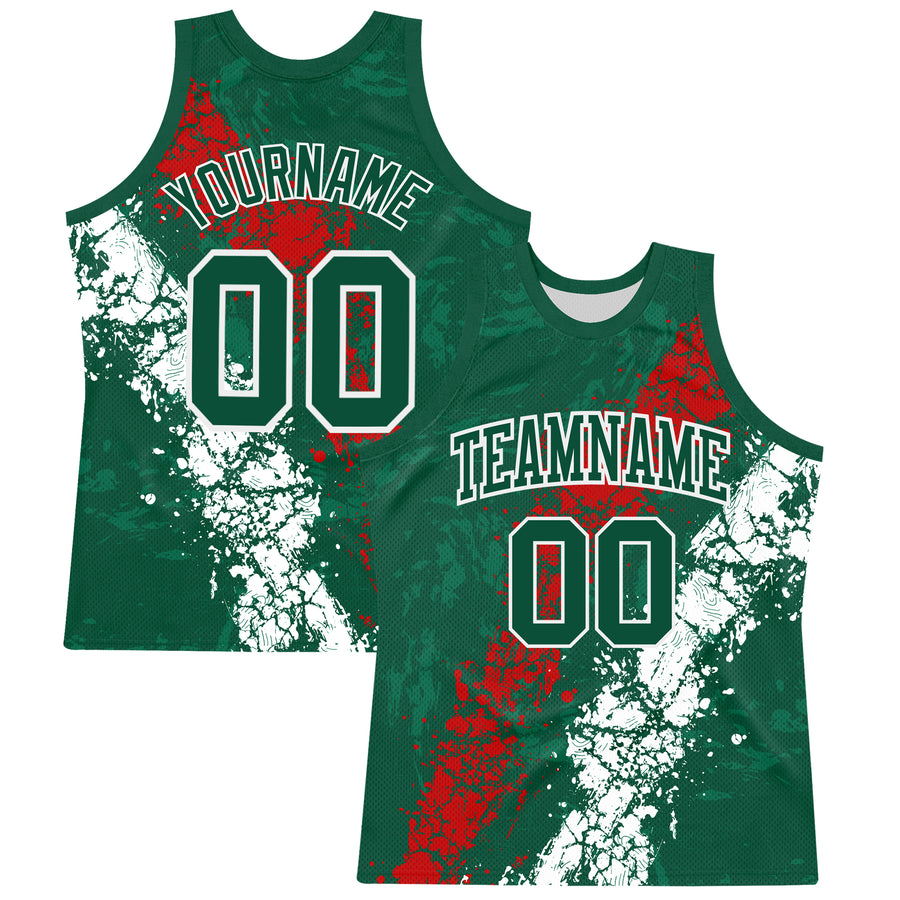 Custom Green Red-White Splash Round Neck Sublimation Basketball Suit Jersey
