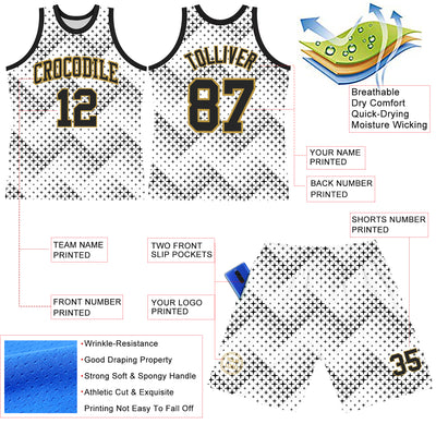 Custom White Black-Old Gold Geometric Shape Round Neck Sublimation Basketball Suit Jersey