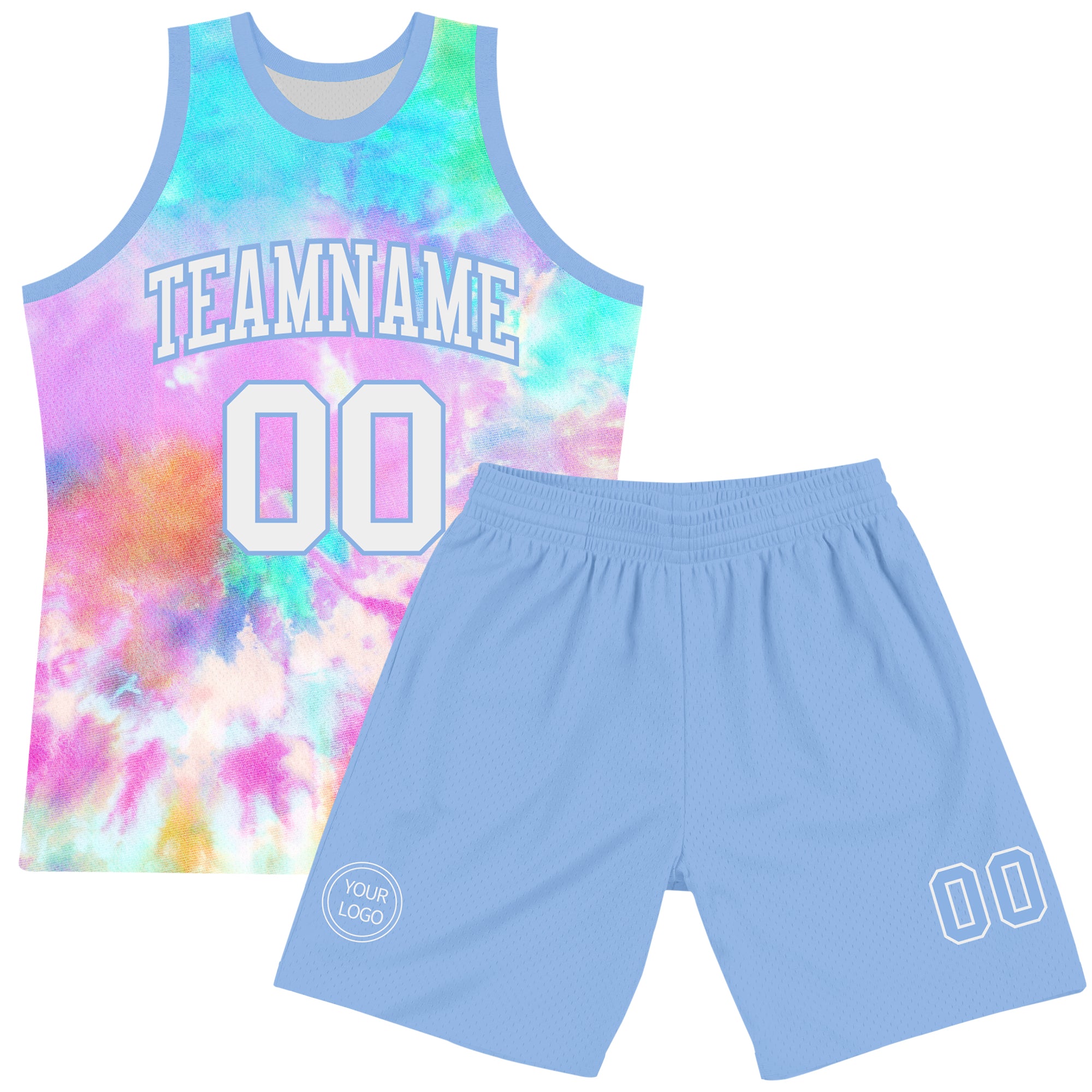Custom Tie Dye White-Light Blue Round Neck Sublimation Basketball Suit Jersey