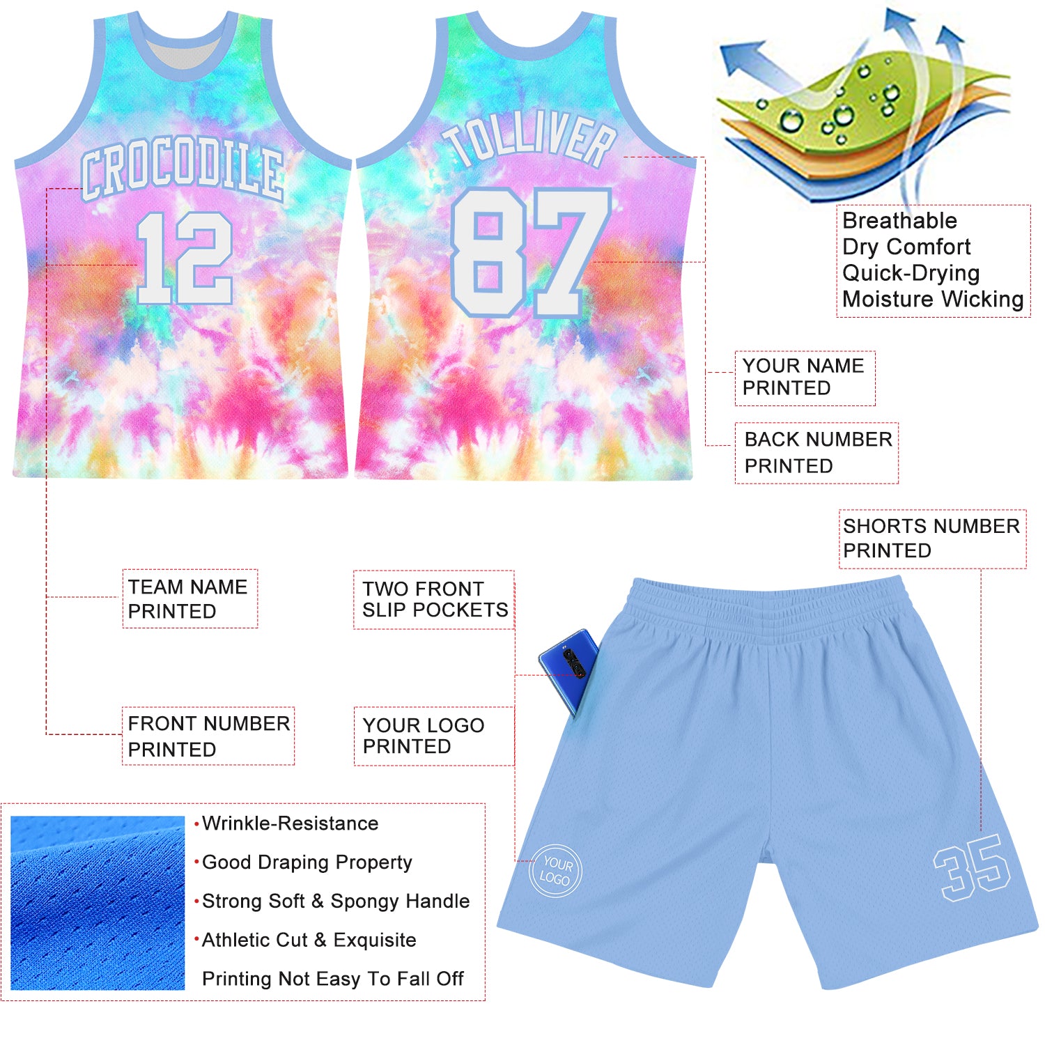 Custom Tie Dye White-Light Blue Round Neck Sublimation Basketball Suit Jersey