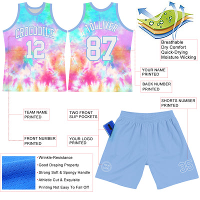 Custom Tie Dye White-Light Blue Round Neck Sublimation Basketball Suit Jersey