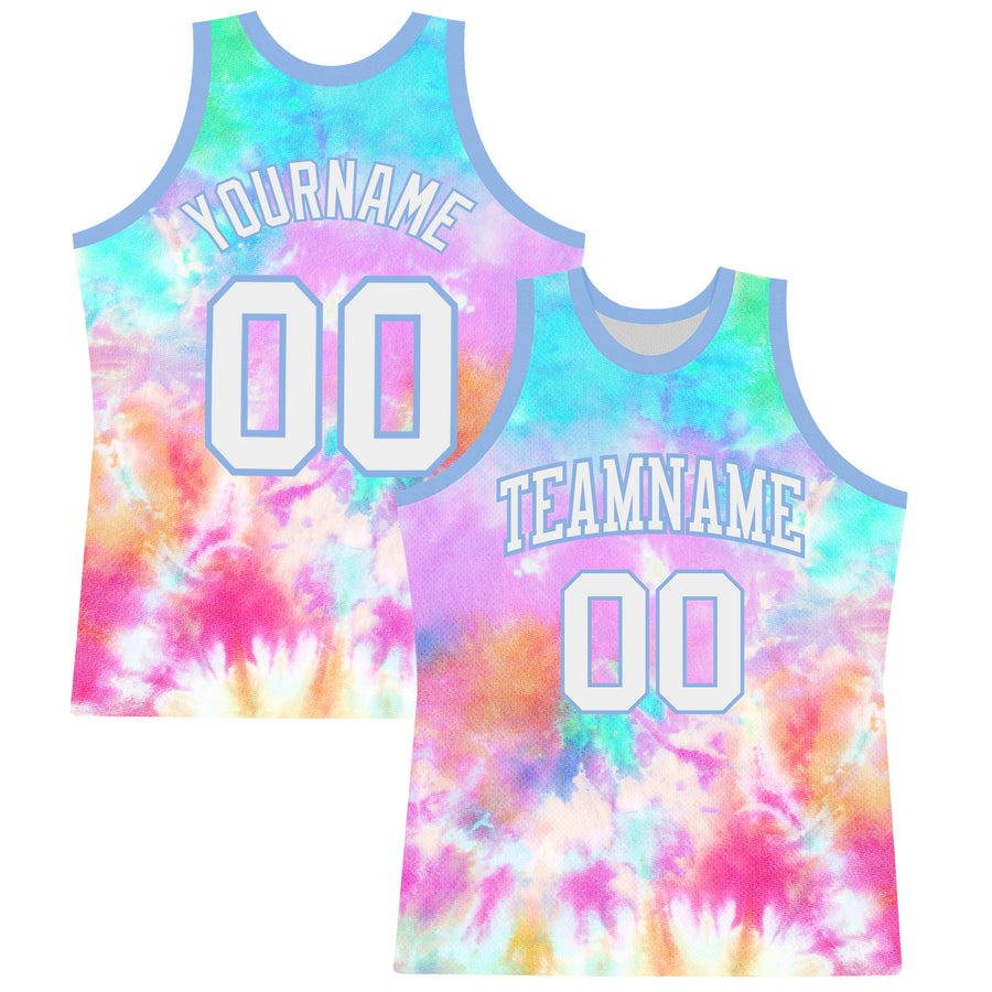 Custom Tie Dye White-Light Blue Round Neck Sublimation Basketball Suit Jersey