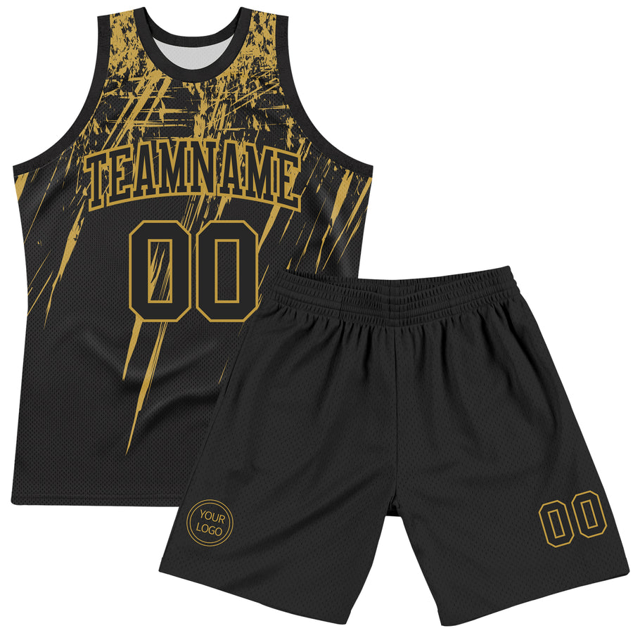 Custom Black Old Gold Splash Round Neck Sublimation Basketball Suit Jersey