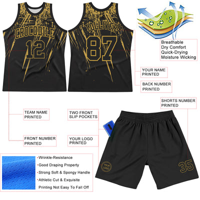 Custom Black Old Gold Splash Round Neck Sublimation Basketball Suit Jersey