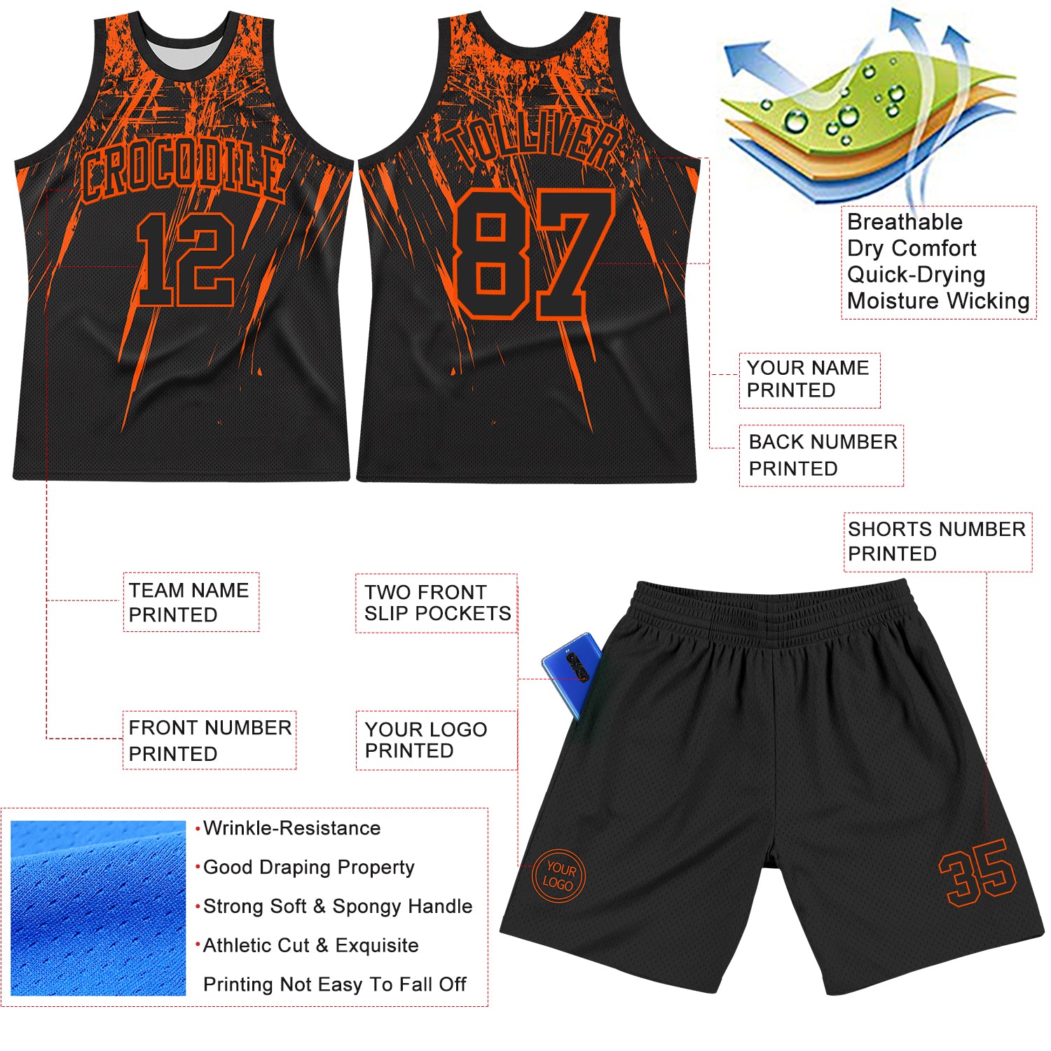 Custom Black Orange Splash Round Neck Sublimation Basketball Suit Jersey